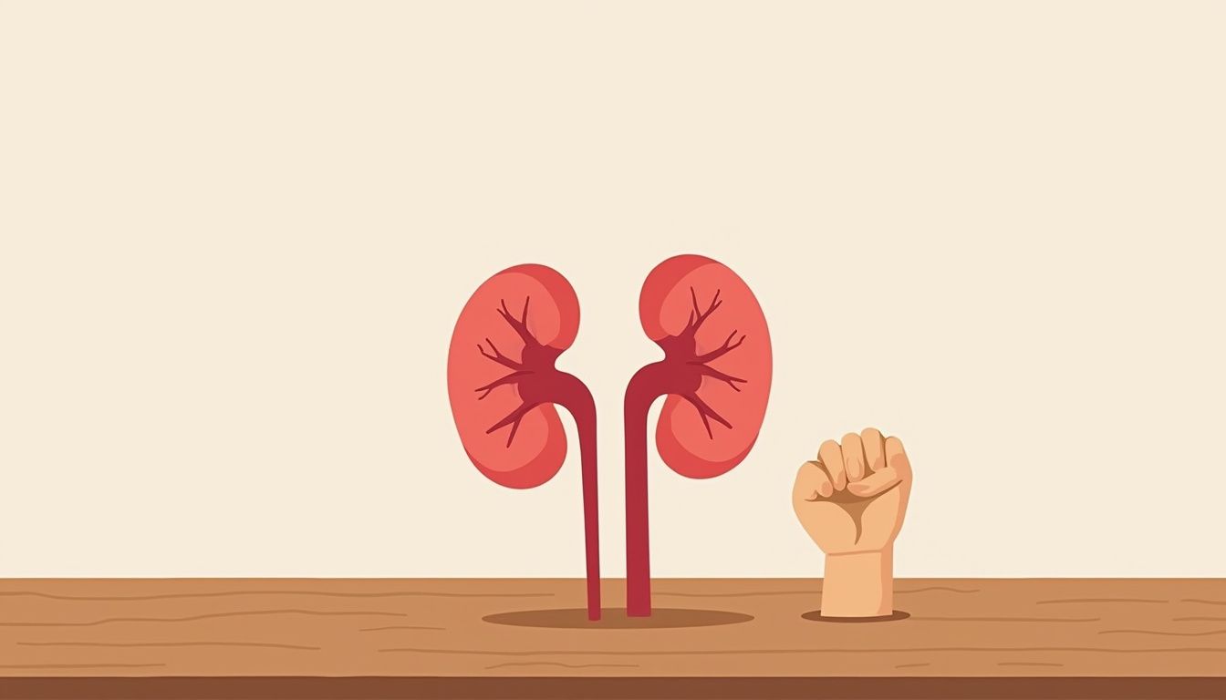 Minimalistische illustratie van een nier en een gesloten vuist op tafel. Minimalistische illustratie van een nier en een gesloten vuist op tafel.