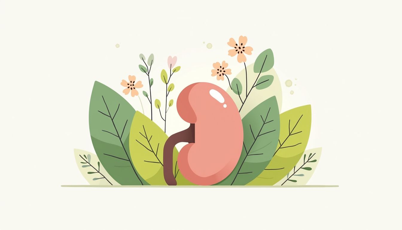 Een minimalistische illustratie van een nier op groene bladeren.