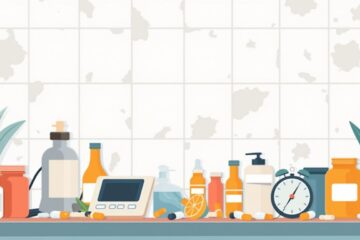 Minimalistische vectorillustratie van een rommelig badkamerblad met medicatie.