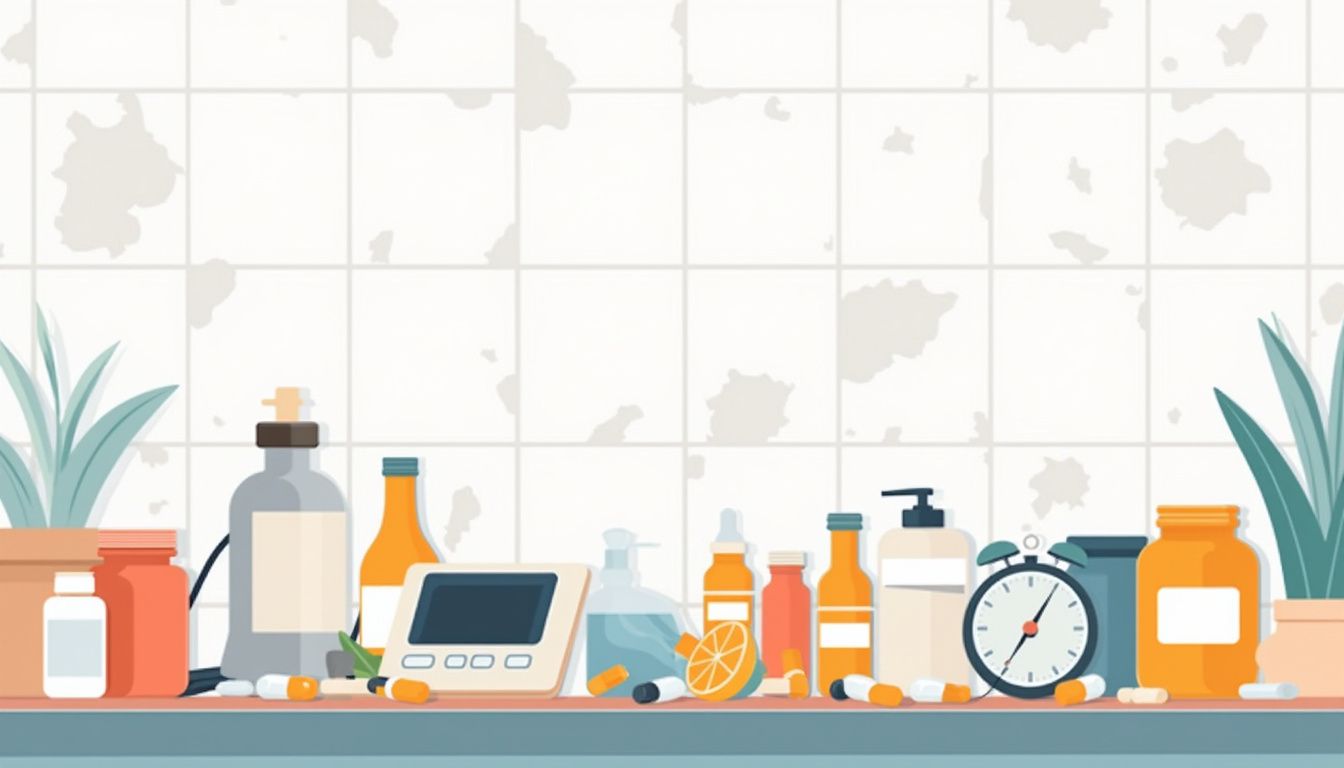 Minimalistische vectorillustratie van een rommelig badkamerblad met medicatie.