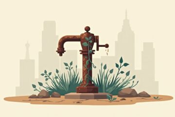 Minimalistische illustratie van een verwaarloosde oude waterpomp in een tuin.