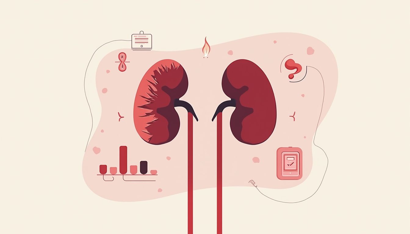 Minimalistische illustratie van beschadigde nieren en medische iconen. Minimalistische illustratie van beschadigde nieren en medische iconen.