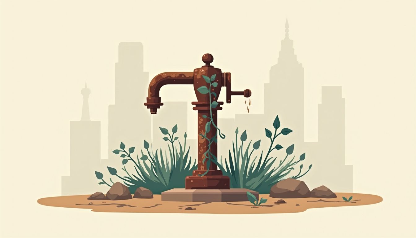 Minimalistische illustratie van een verwaarloosde oude waterpomp in een tuin.