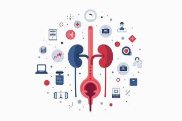 Flat vectorillustratie van nieren, ureter en blaas met medische iconen.