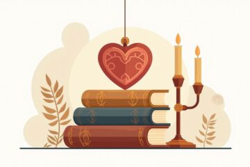 Minimalistische hartvormige ornament op een stapel oude boeken.