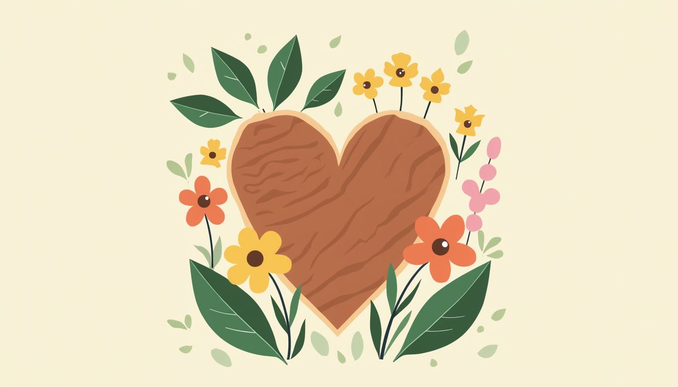 Minimalistische vectorillustratie van een houten hart omringd door bloemen.