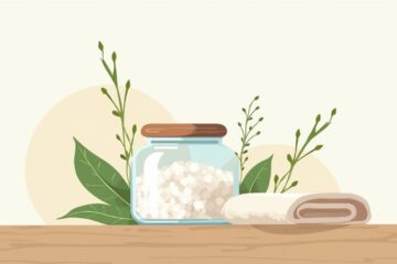 Minimalistische illustratie van een glaspot met zeezout en kruiden.