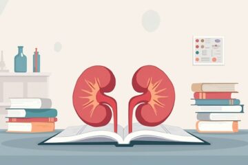 Eenvoudige vectorillustratie van een nier op een laboratoriumtafel met boeken.