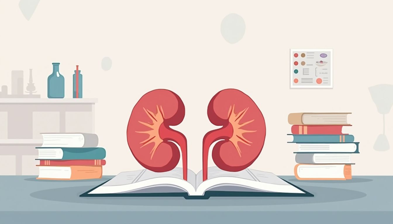 Eenvoudige vectorillustratie van een nier op een laboratoriumtafel met boeken.