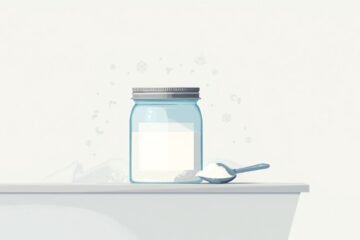 Minimalistische illustratie van een pot met natriumbicarbonaat op een aanrecht.
