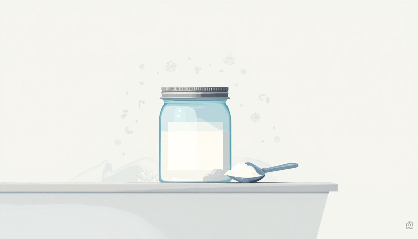 Minimalistische illustratie van een pot met natriumbicarbonaat op een aanrecht.