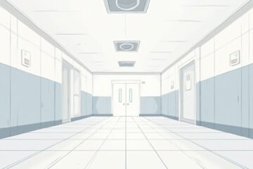 Minimalistische vectorillustratie van een lege ziekenhuiskamer met een deur.