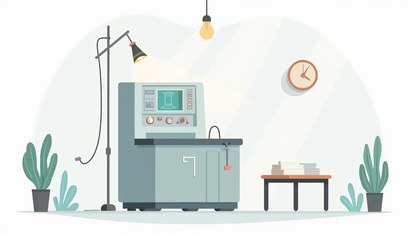 Minimalistische illustratie van een oude dialysemachine in een ziekenhuis.