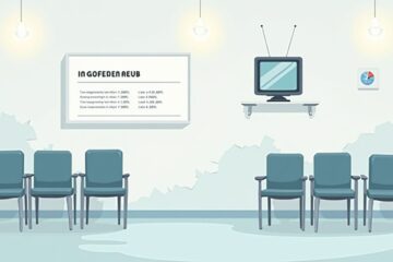 Minimalistische illustratie van een verouderde ziekenhuiskamer in pastelkleuren.