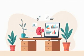 Minimalistische vectorillustratie van een houten bureau met een niermodel.