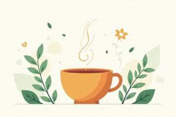 Minimalistische illustratie van een theekop met kruiden op witte achtergrond.