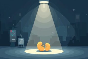 Minimalistische illustratie van een niersteen in een donkere kamer.