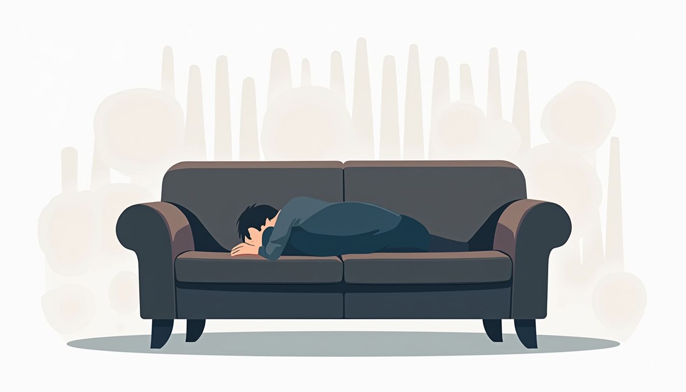 Minimalistische illustratie van een versleten bank met een introspectieve figuur. Minimalistische illustratie van een versleten bank met een introspectieve figuur.