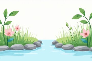 Minimalistische tuinillustratie met een stroom, stenen en gestileerde bloemen.