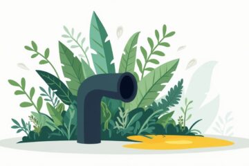 Een geblokkeerde afvoer omwonden door groene planten en wortels.