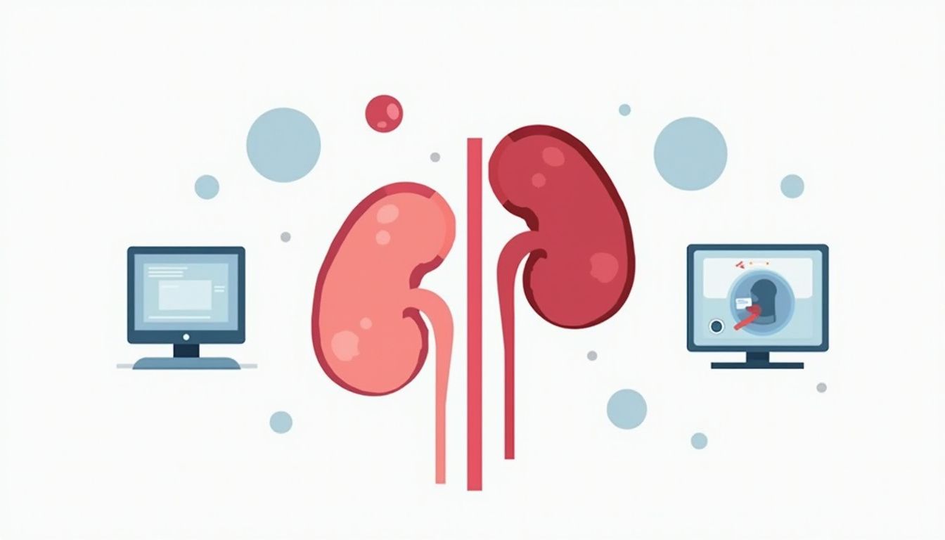 Minimalistische illustratie van een gezwollen nier met urineblok.