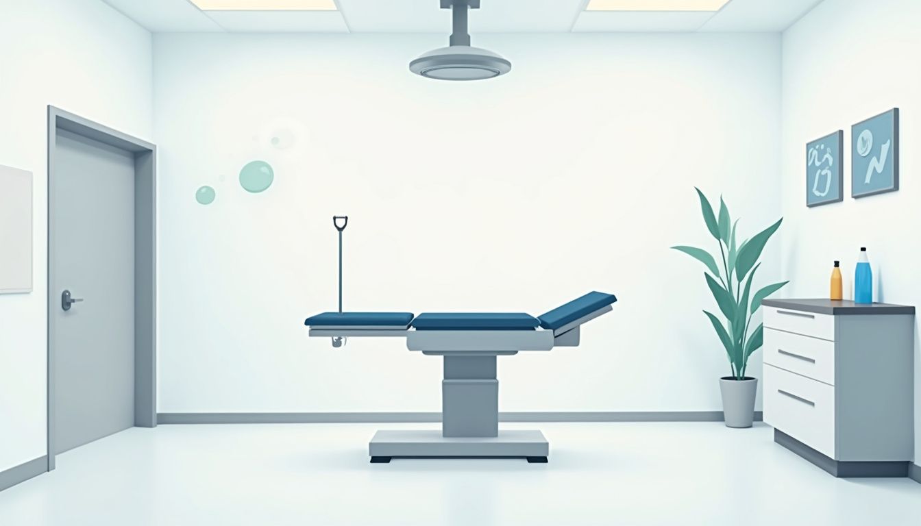 Minimalistische vectorillustratie van een lege ziekenhuiskamer met chirurgische tafel. Minimalistische vectorillustratie van een lege ziekenhuiskamer met chirurgische tafel.