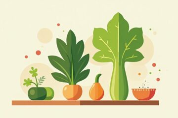 Minimalistische illustratie van groenten op een snijplank met keukengerei.