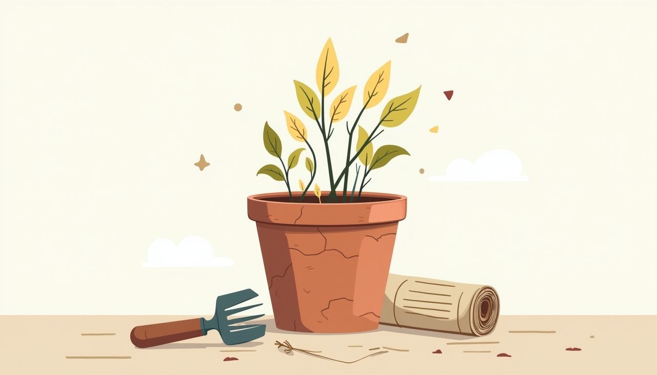 Minimalistische illustratie van een oude pot met verwelkte planten. Minimalistische illustratie van een oude pot met verwelkte planten.