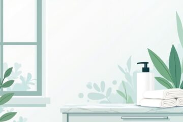 Minimalistische badkamerillustratie met een marmeren aanrecht en planten.