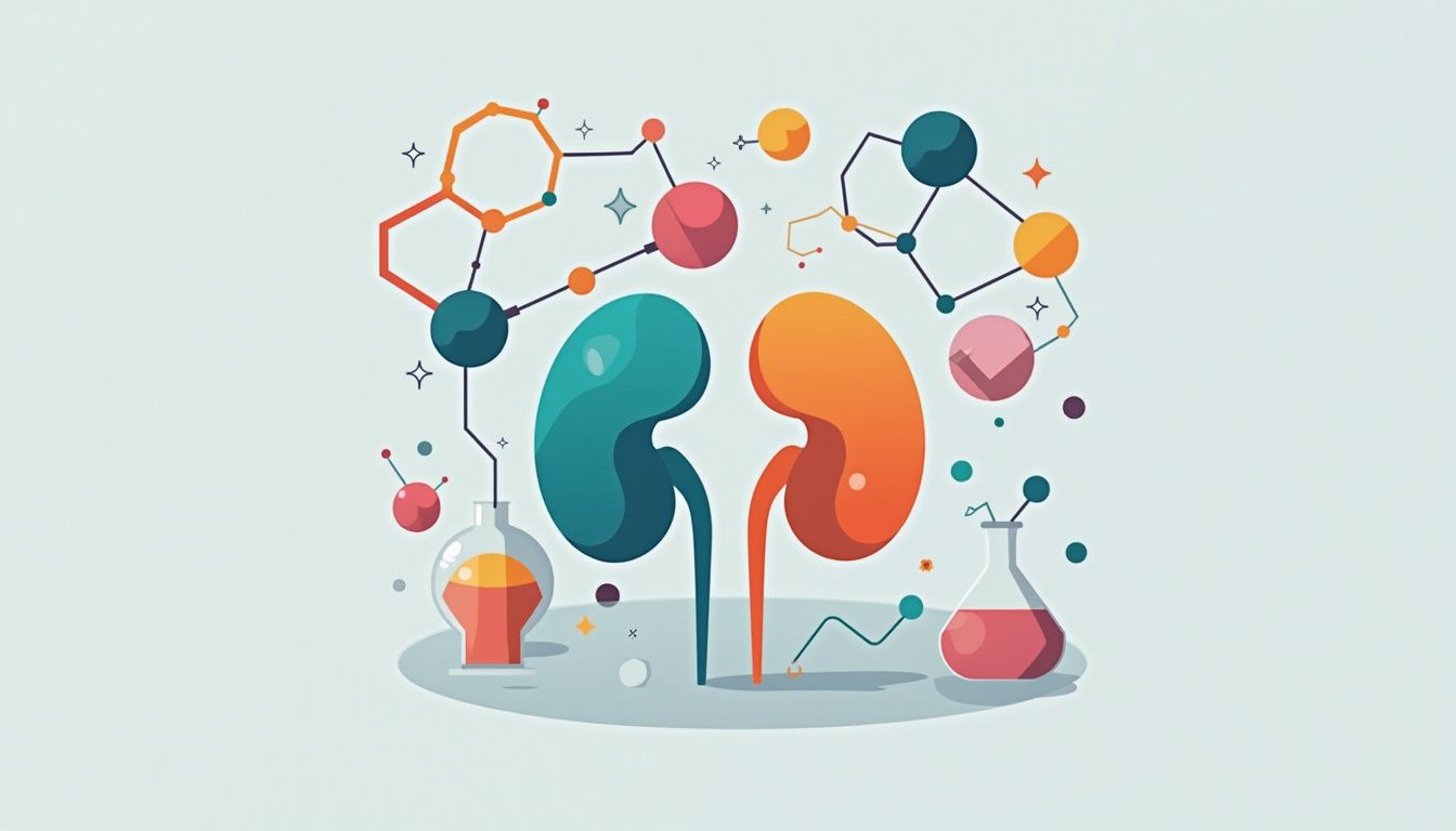 Vlakke illustratie van een nier omringd door chemische verbindingen. Vlakke illustratie van een nier omringd door chemische verbindingen.