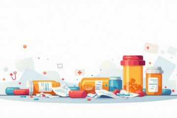 Vectorillustratie van een rommelige badkamer met medicijnflessen en folders.