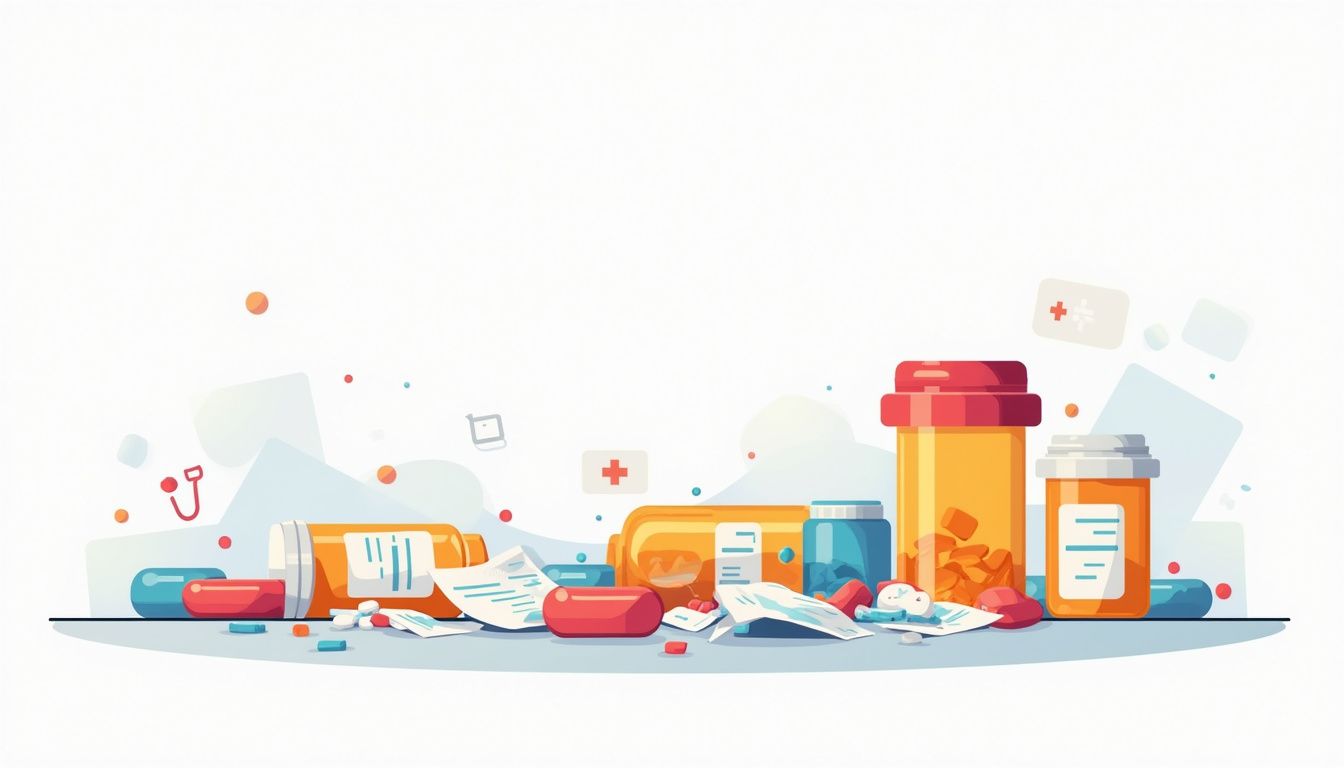 Vectorillustratie van een rommelige badkamer met medicijnflessen en folders.