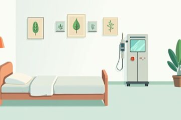 Minimalistische ziekenhuisruimte met bed, lamp en dialyse-apparaat.