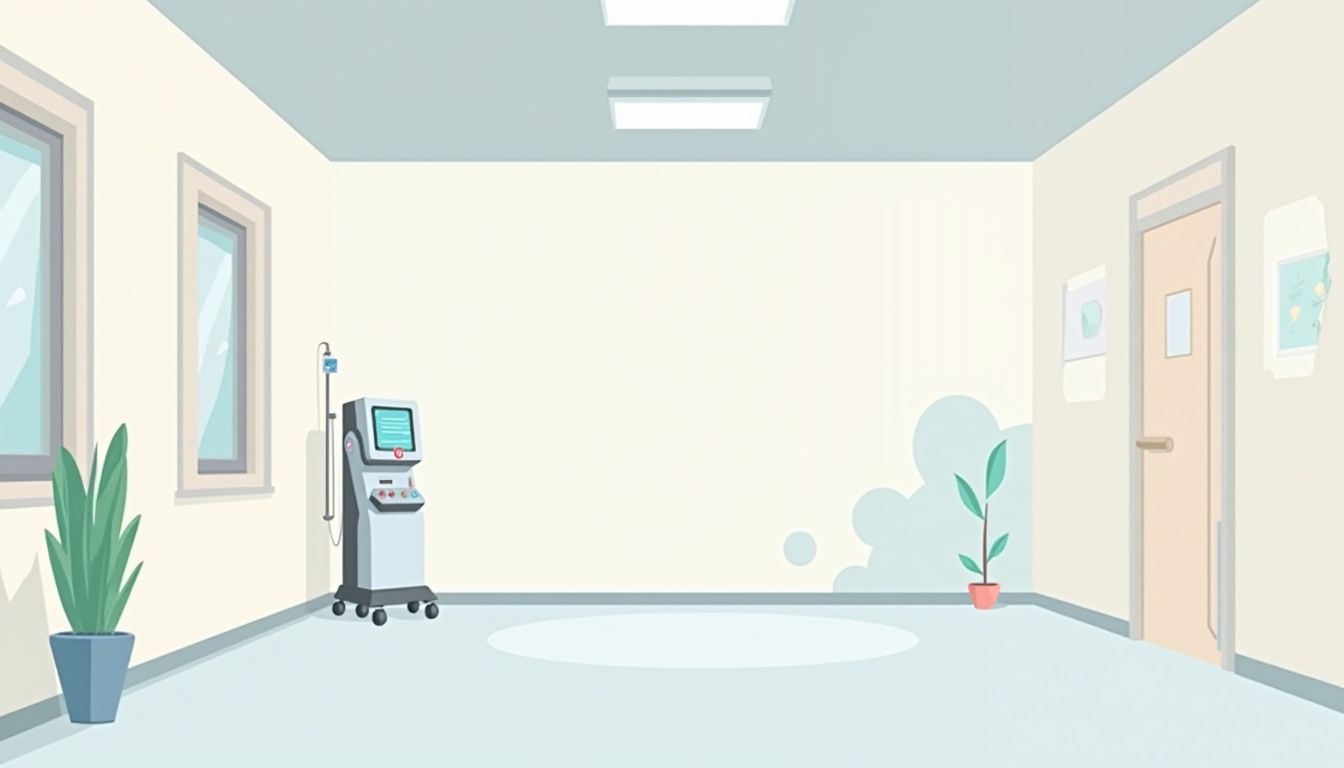 Minimalistische vectorillustratie van een ziekenhuisgang met eenvoudige vormen.