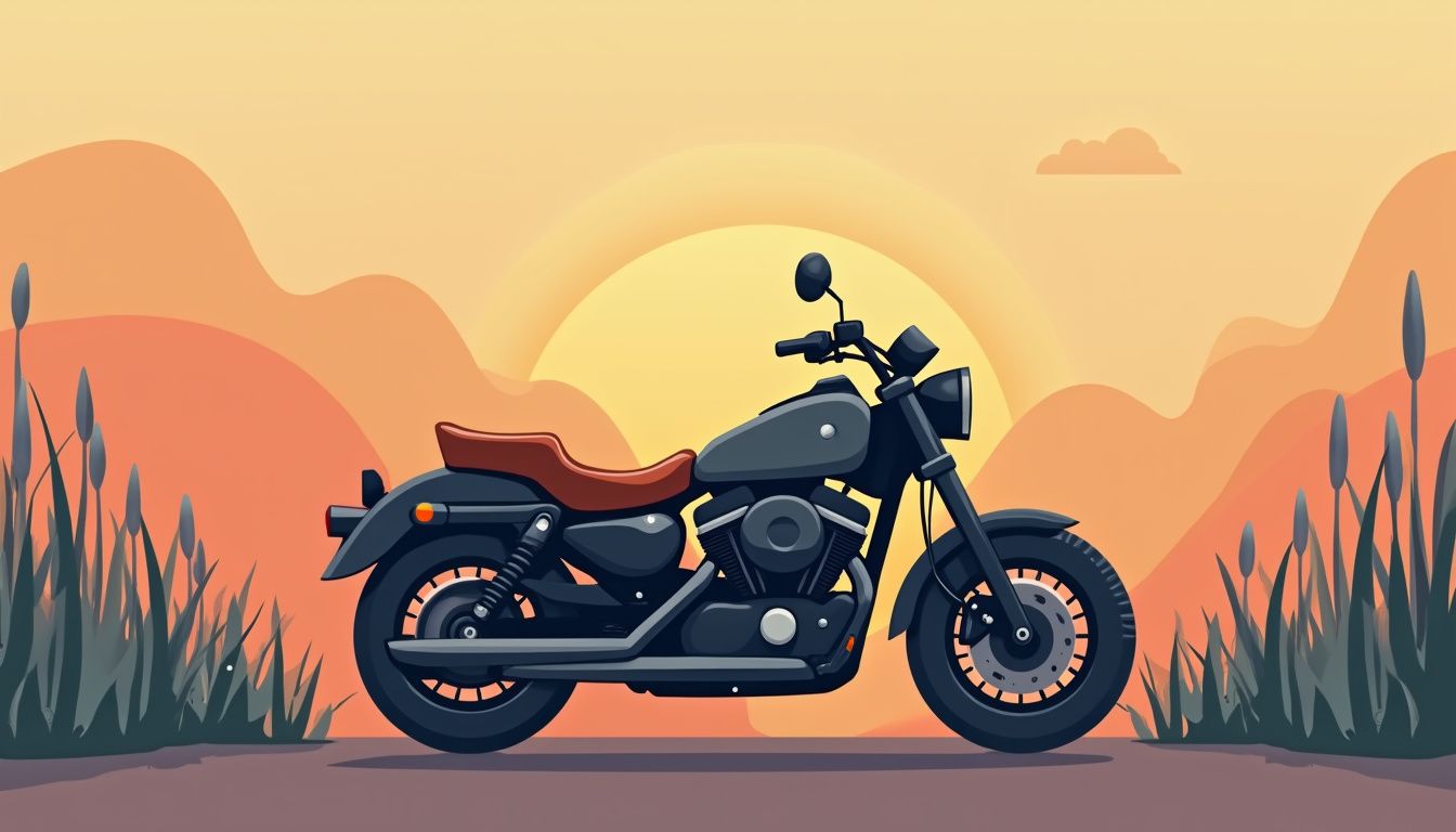 Minimalistische motorfietsillustratie met een zonsondergang en gras.