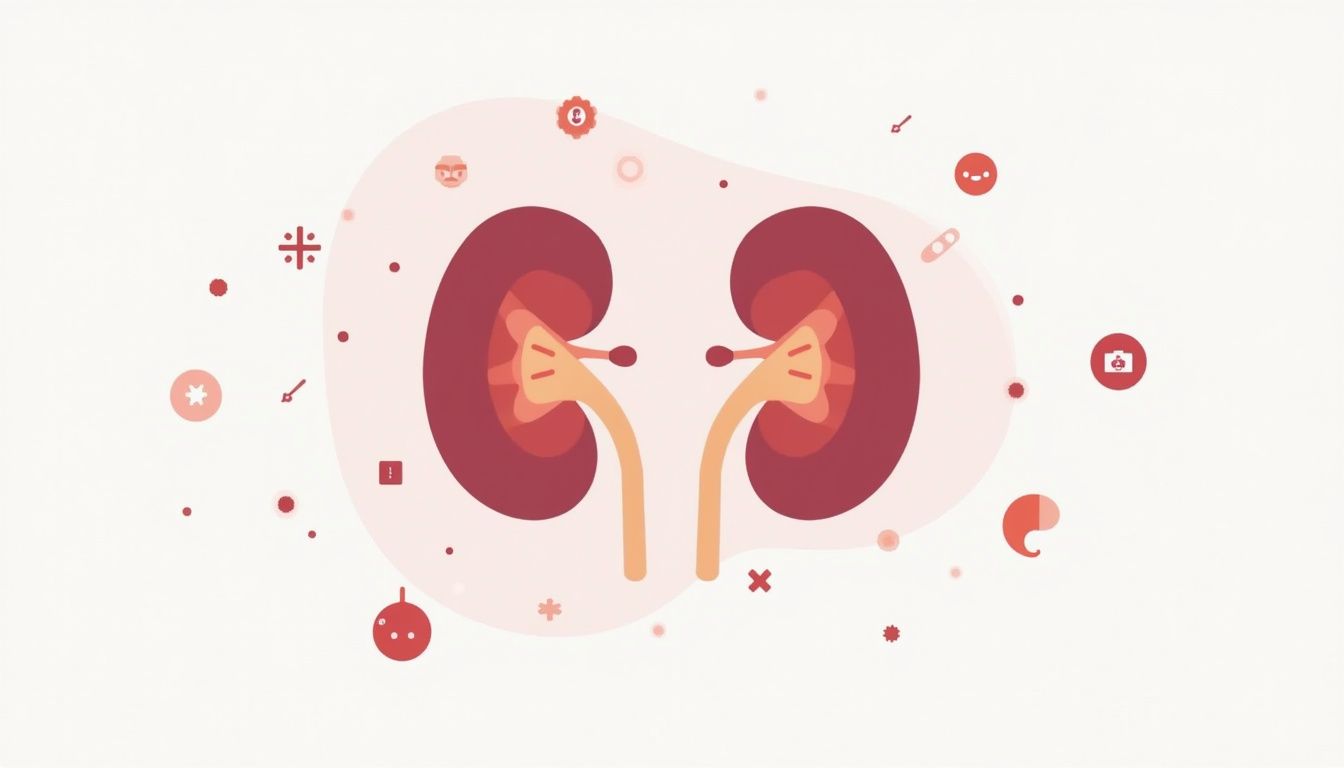 Minimalistische vectorillustratie van een nier met medische iconen rondom.
