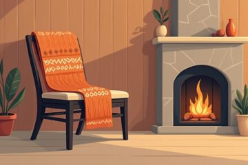 Een gezellige illustratie van een gebreide nierwarmers op een houten stoel.