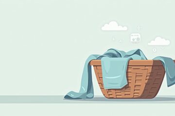 Minimalistische vectorillustratie van een gewrongen katoenen shirt en wasmand.