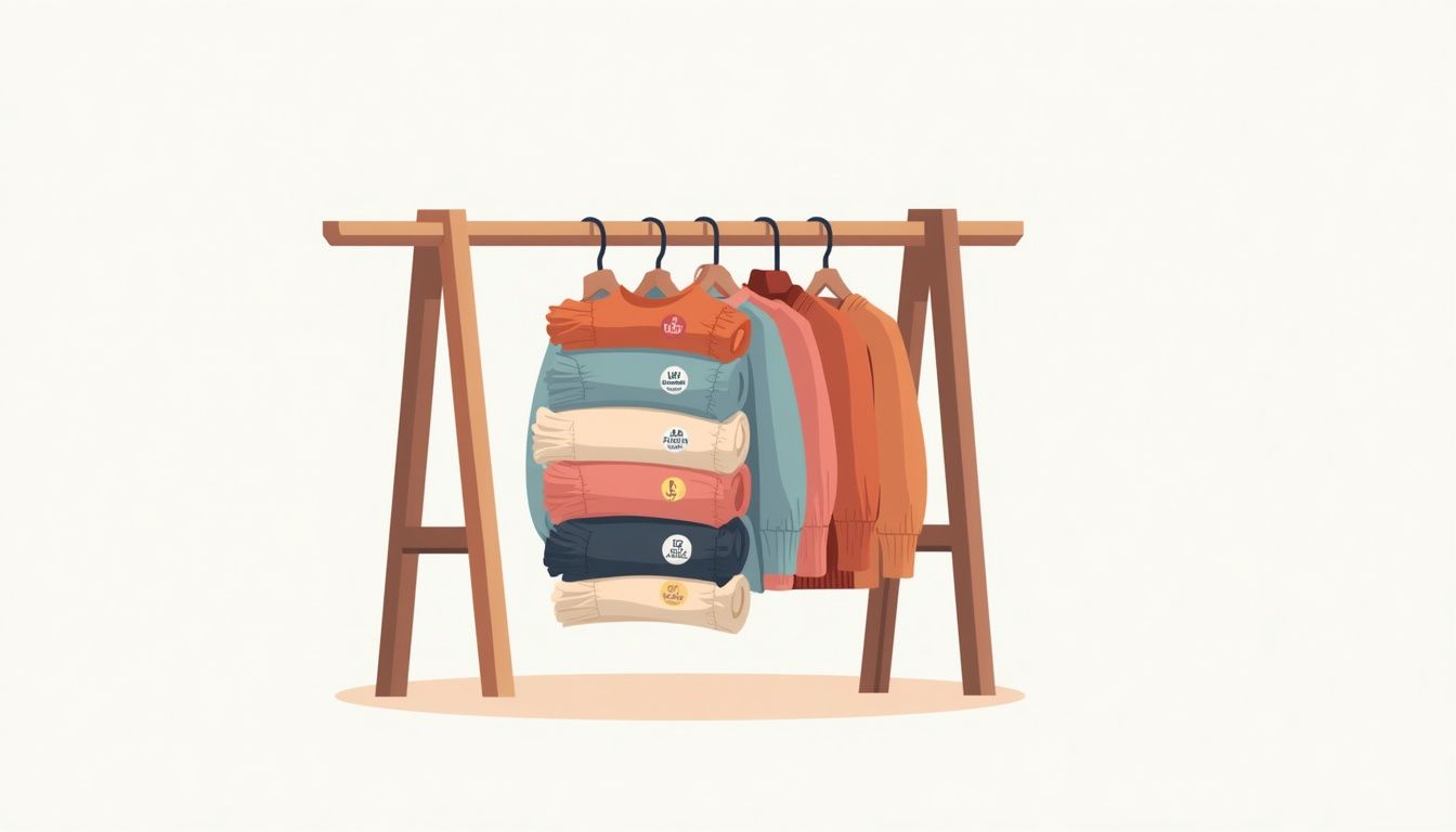 Vloeiende vectorillustratie van gebreide sweaters op een houten droogrek.