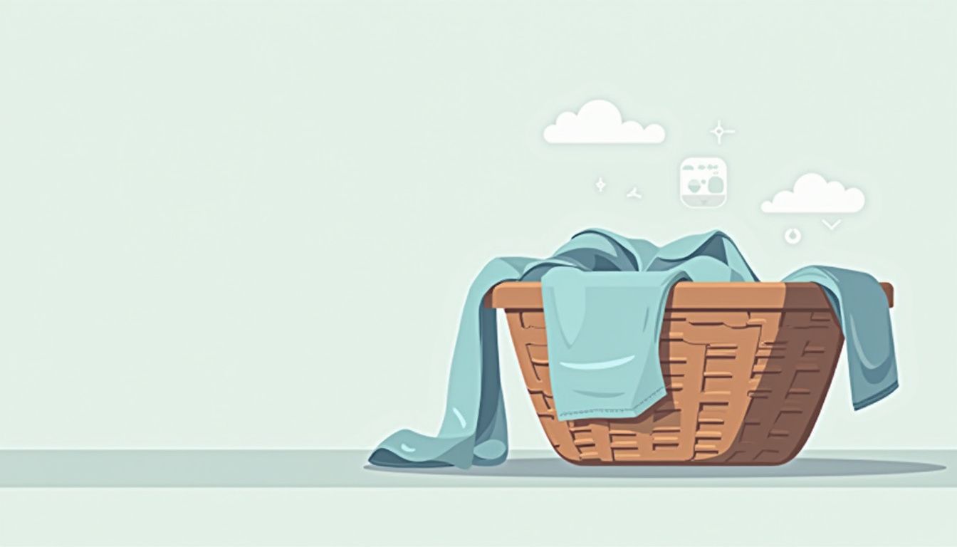 Minimalistische vectorillustratie van een gewrongen katoenen shirt en wasmand.