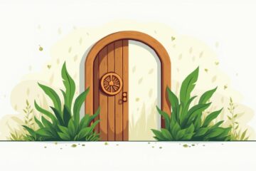 Een openstaande houten deur met vredessymbolen en een rustige tuin.