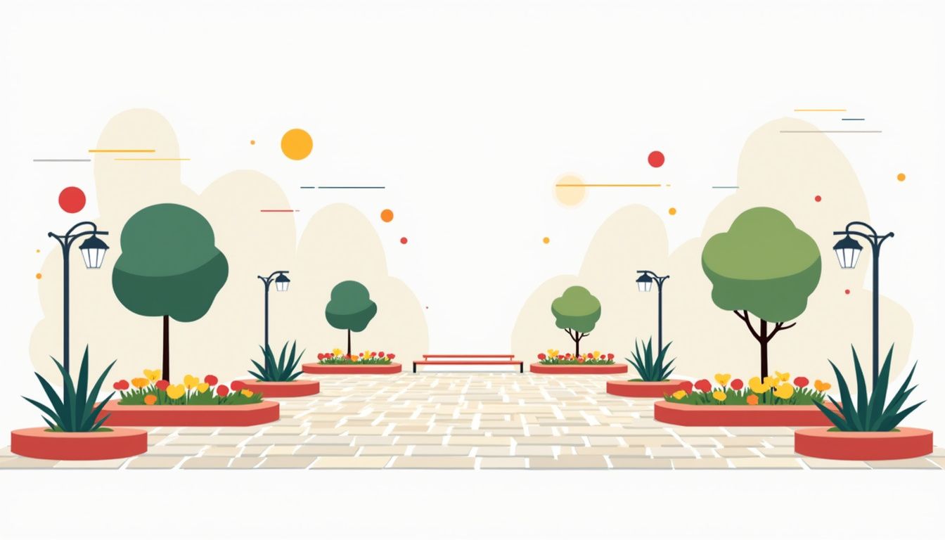 Een rustige stadsquare met bloemenbedden en duidelijke teksten in minimalistische stijl.