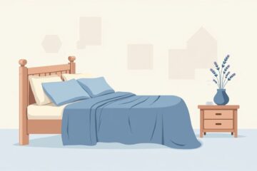 Minimalistische illustratie van een rustige slaapkamer met een bed en nachtkastje.