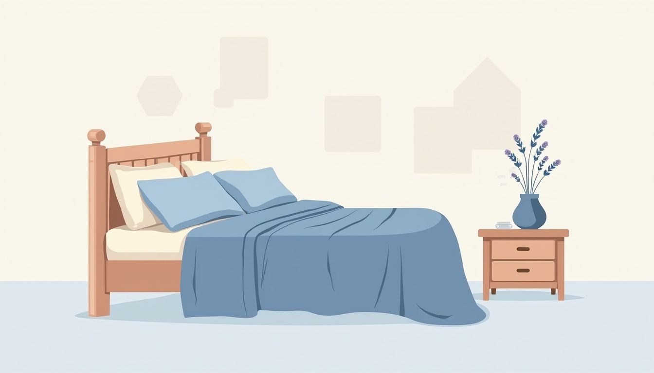 Minimalistische illustratie van een rustige slaapkamer met een bed en nachtkastje.