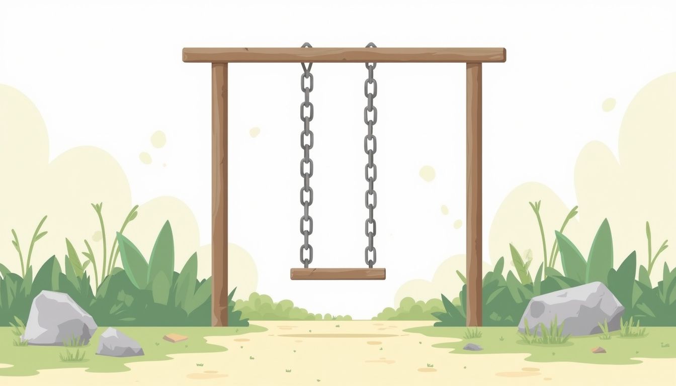 Minimalistische illustratie van een verwaarloosde speeltuin met een schommel.