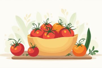 Een moderne illustratie van tomaten in een minimalistisch container.