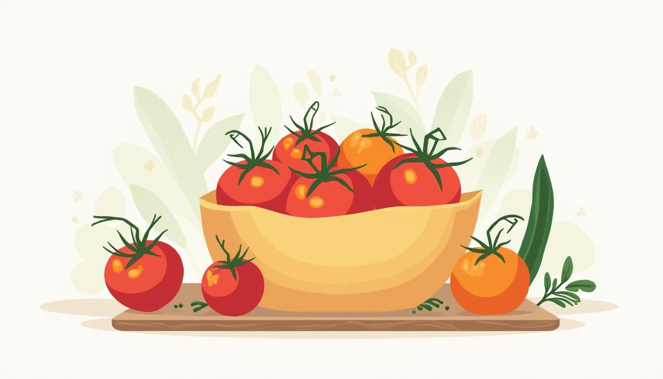 Een moderne illustratie van tomaten in een minimalistisch container.