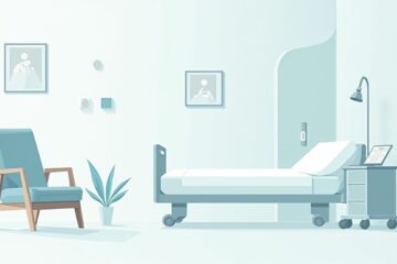 Minimalistische ziekenhuiskamer met eenvoudige geometrische vormen en pastelkleuren.