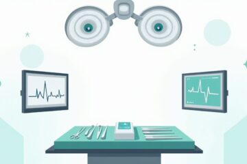 Minimalistische illustratie van een operatorkamer met chirurgische instrumenten en monitors.