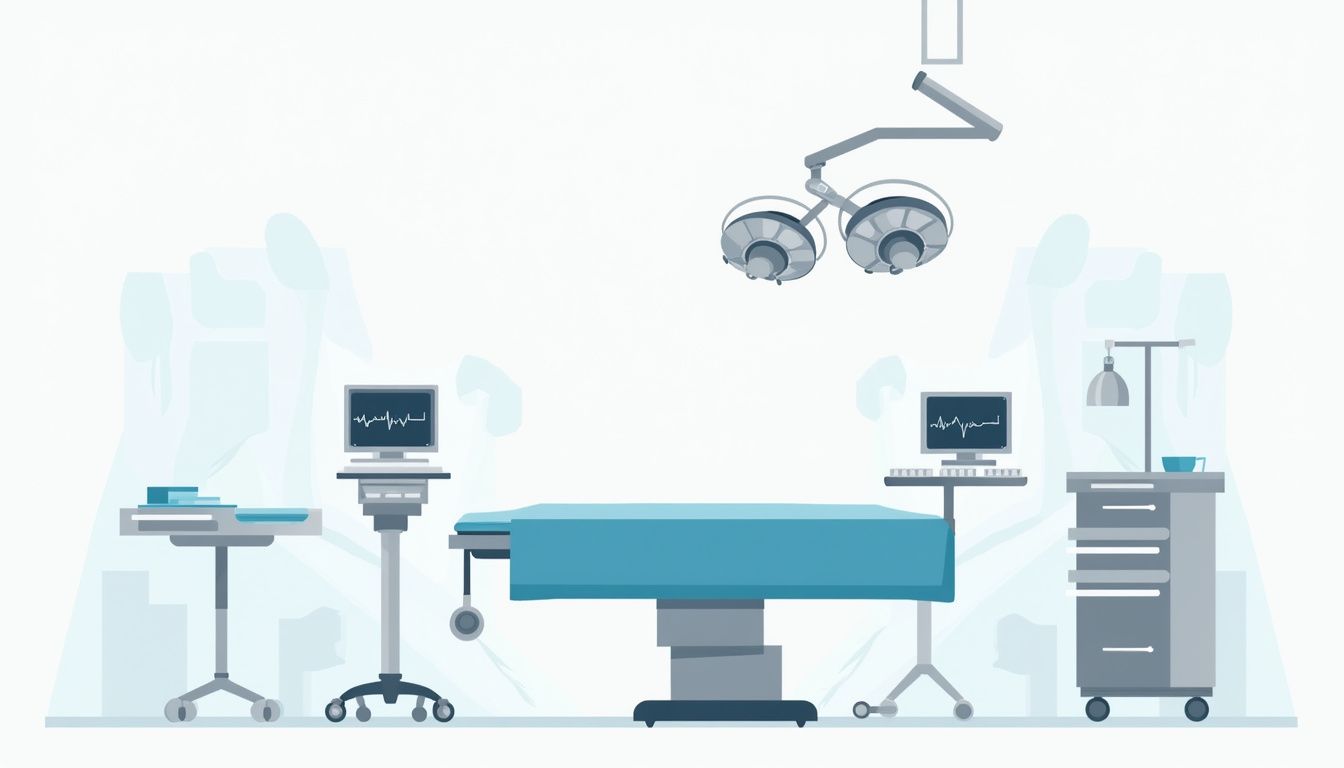 Minimalistische illustratie van een chirurgische operatiekamer voor niertumorverwijdering.